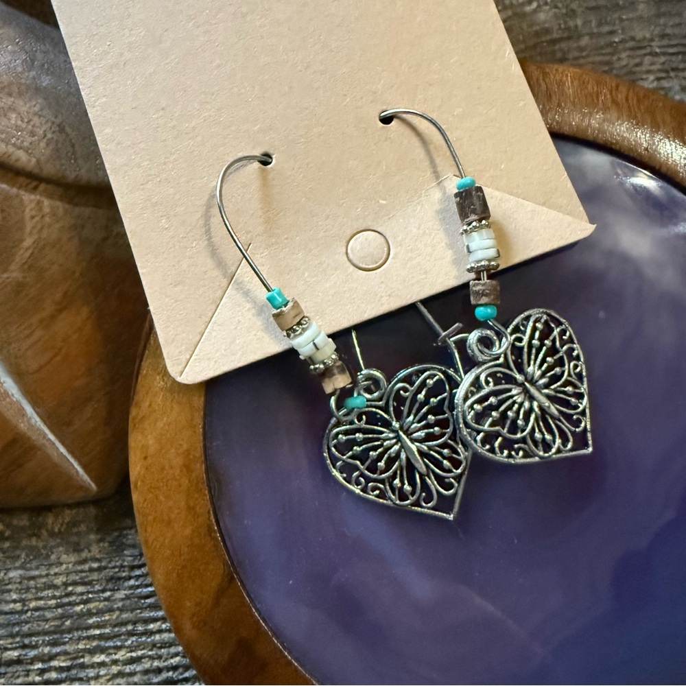Silver Heart Butterfly Earrings